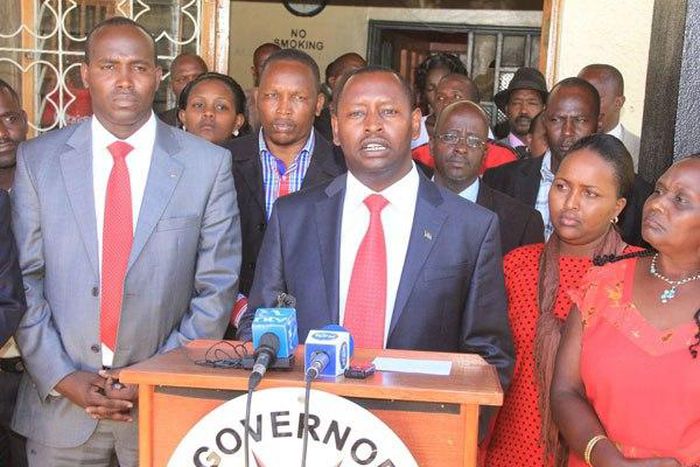 Samburu County Governor Moses Lenolkulal addresses a press conference at Maralal town.