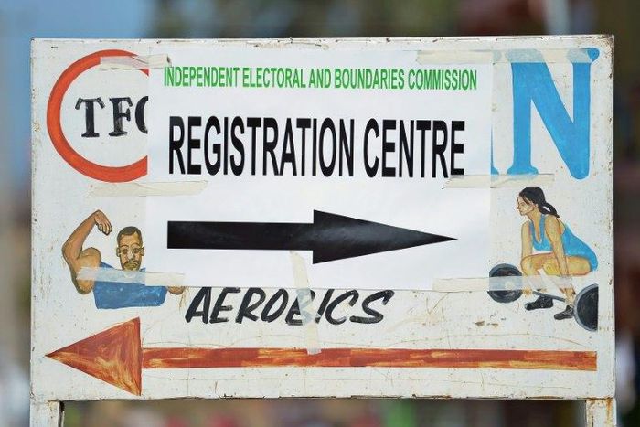 A poster advertises the location of a voter registration site in Nairobi in January 2017