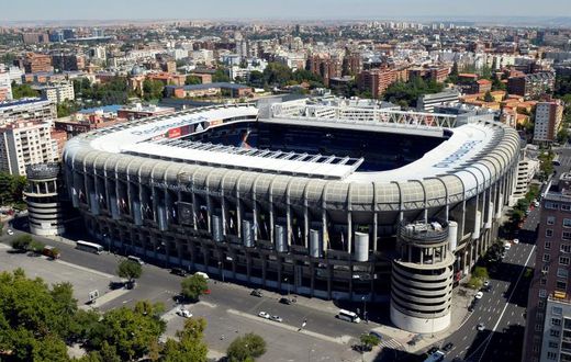 An aerial shot, taken in 2013, of Real Madrid's Santiago Bernabeu Stadium, which will host the Copa Libertadores final second leg between Argentine rivals River Plate and Boca Juniors