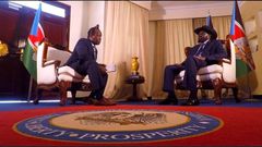 South Sudan President Salva Kiir with journalist Jeff Koinange in an interview. President Kiir has finally brocken silence about the slain businesswoman Monica Kimani