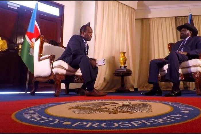 South Sudan President Salva Kiir with journalist Jeff Koinange in an interview. President Kiir has finally brocken silence about the slain businesswoman Monica Kimani