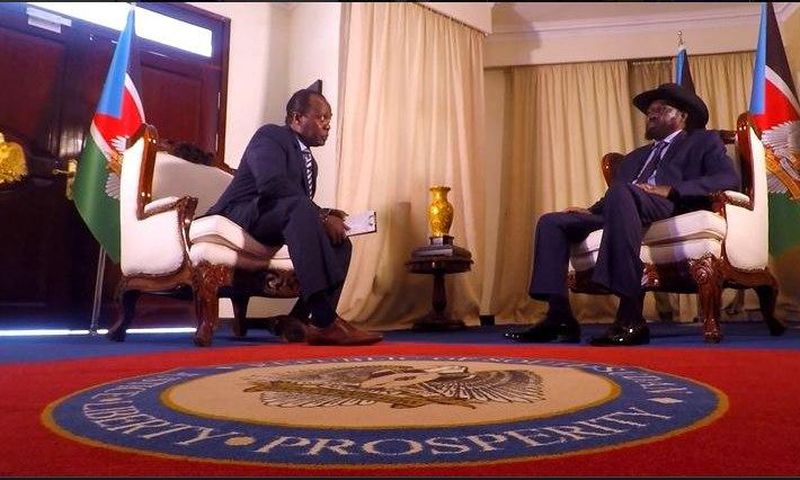 South Sudan President Salva Kiir with journalist Jeff Koinange in an interview. President Kiir has finally brocken silence about the slain businesswoman Monica Kimani
