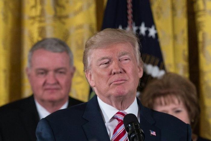 US President Donald Trump announces the Air Traffic Control Reform Initiative in the East Room at the White House in Washington, DC