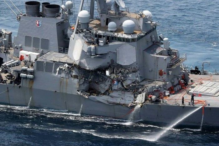 Damage is seen on the guided missile destroyer USS Fitzgerald off Japan's coast, after it collided with a Philippine-flagged container ship, on June 17, 2017