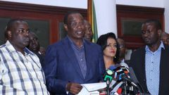NASA Team Nairobi members George Aladwa, Evans Kidero and Esther Passaris addressing journalists at City Hall  during a past press conference.