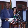 NASA Team Nairobi members George Aladwa, Evans Kidero and Esther Passaris addressing journalists at City Hall  during a past press conference.