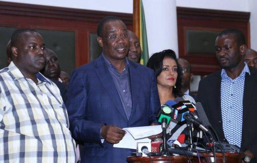 NASA Team Nairobi members George Aladwa, Evans Kidero and Esther Passaris addressing journalists at City Hall  during a past press conference.