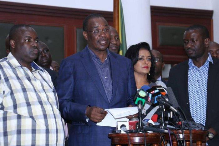 NASA Team Nairobi members George Aladwa, Evans Kidero and Esther Passaris addressing journalists at City Hall  during a past press conference.