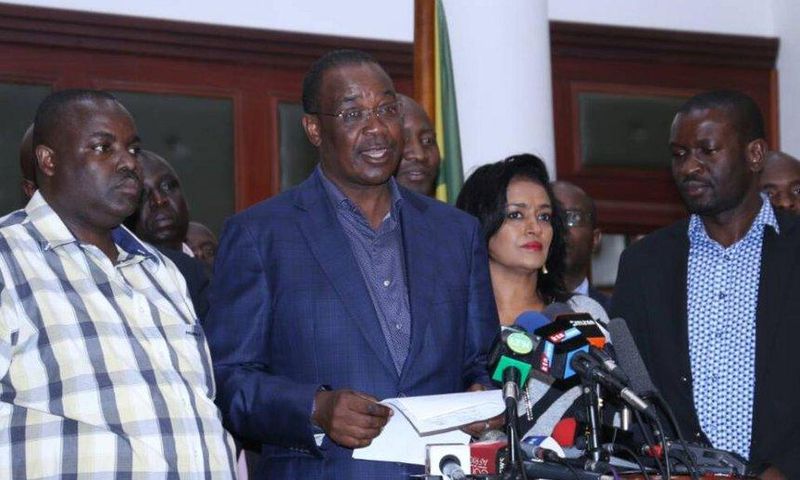 NASA Team Nairobi members George Aladwa, Evans Kidero and Esther Passaris addressing journalists at City Hall  during a past press conference.