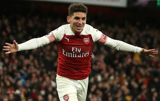 Arsenal's Lucas Torreira celebrates after scoring the only goal of a 1-0 win over Huddersfield