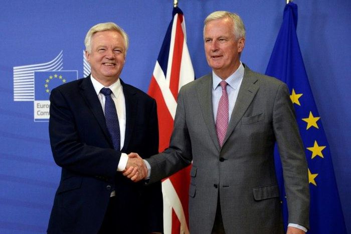 British Brexit minister David Davis (L) attracted criticism for leaving for London after a brief meeting with Michel Barnier