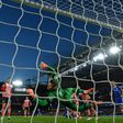 Southampton's English goalkeeper Fraser Forster (C) dives but cannot stop Chelsea's English defender Gary Cahill's header making the score 2-1 during the English Premier League football match April 25, 2017