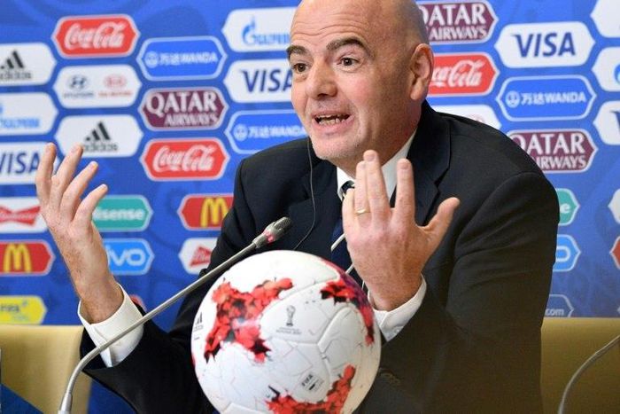 FIFA President Gianni Infantino gestures as he speaks during the FIFA/LOC closing press conference of the 2017 FIFA Confederations Cup at Krestovsky Stadium in Saint Petersburg on July 1, 2017