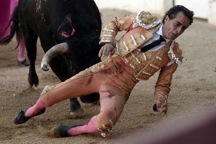 Spanish matador Ivan Fandino is impaled by a Baltasar Iban bull during a bullfight at the Corrida des Fetes on June 17, 2017 in Aire sur Adour, southwestern France