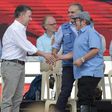 FARC rebel leader Rodrigo Londono Echeverri (R), Colombian president Juan Manuel Santos (L) and the UN Special Representative for Colombia Jean Arnault (C) attend the final act of abandonment of arms in June 2017
