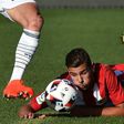 This photo taken on July 31, 2016 shows Atletico's Theo Hernandez during the friendly football match between Spanish side Atletico Madrid and Australian side Melbourne Victory in Geelong near Melbourne