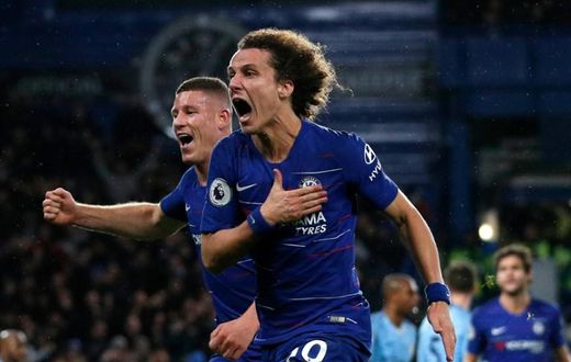 Chelsea's David Luiz celebrates scoring his side's second goal in a shock 2-0 win over Manchester City