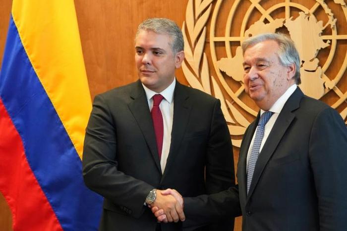 United Nations Secretary-General Antonio Guterres (R), seen here with Colombian President Ivan Duque at UN headquarters in September 2018, has called on Colombia to reinforce security for former FARC rebels after several reportedly were killed