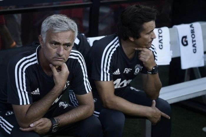 Manchester United manager Jose Mourinho (left) watches his team take on Barcelona in Landover, Maryland, on July 26, 2017