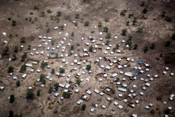 Aerial view. Up to 25,000 people were displaced during government offensives on the West Bank of the Nile river in April and May. Many walked for days on foot without access to sufficient water and arrived exhausted and weak