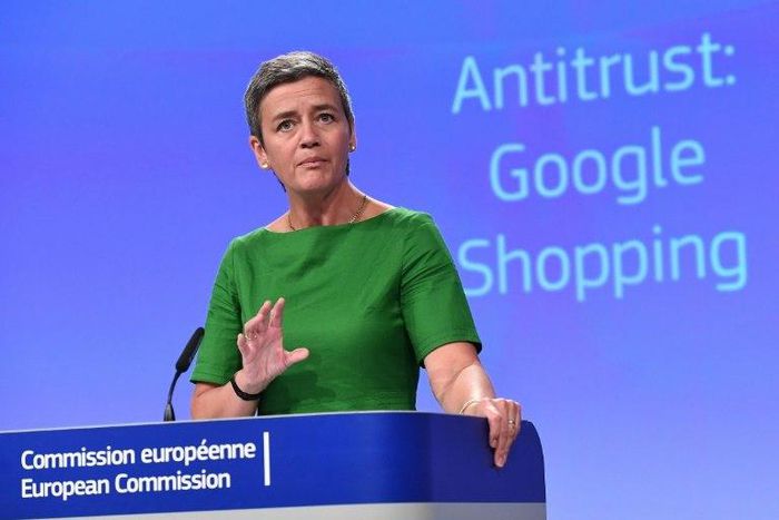 European Commissioner for Competition Margrethe Vestager addresses a press conference on an anti-trust case against US search engine Google at the European Commission in Brussels, on June 27, 2017