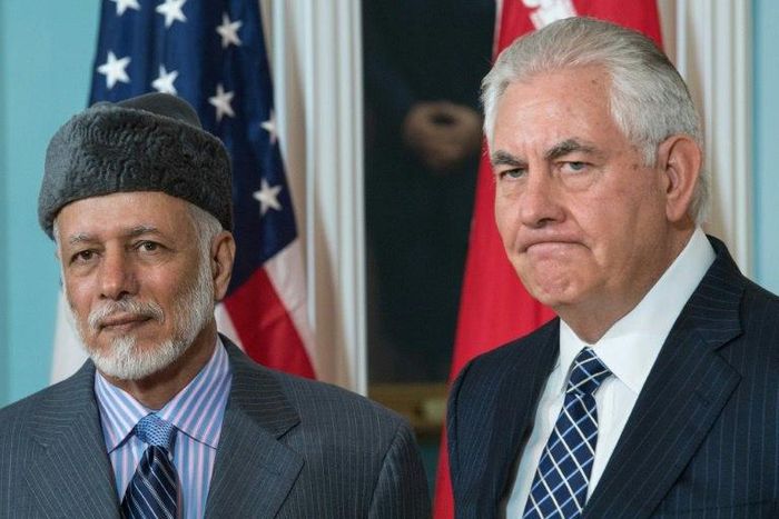 US Secretary of State Rex Tillerson(R) answers a question from the media standing with the Foreign Minister of Oman, Yusuf bin Alawi-bin Abdullah, inside the Treaty Room at US Department of State July 21, 2017, in Washington, DC.
