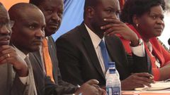 File image of ODM leader Raila Odinga with Edwin Sifuna and other party leaders from Hmabay County