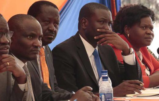 File image of ODM leader Raila Odinga with Edwin Sifuna and other party leaders from Hmabay County