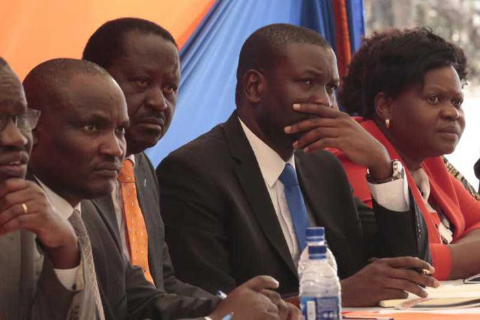 File image of ODM leader Raila Odinga with Edwin Sifuna and other party leaders from Hmabay County