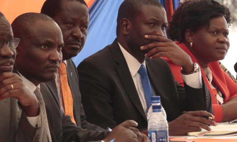 File image of ODM leader Raila Odinga with Edwin Sifuna and other party leaders from Hmabay County