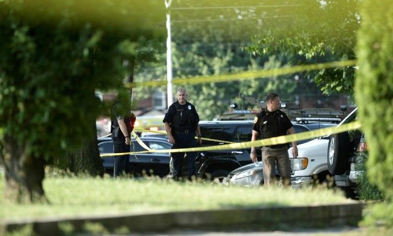 Police tape cordons off the scene of an early morning shooting in Alexandria, Virginia, on June 14, 2017