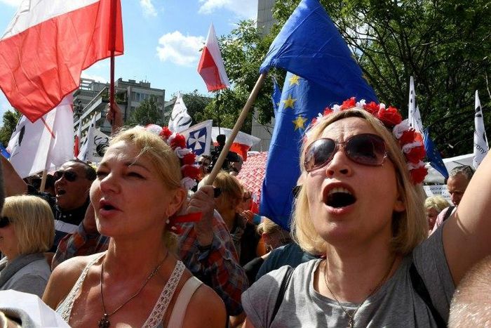 Demonstrators protest against judicial reforms in Warsaw on July 16, 2017