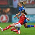 Austria's Sarah Zadrazil challenges Iceland's Dagny Brynjarsdottir (back) during their UEFA Women's Euro 2017 match, at the Sparta Stadium in Rotterdam, on July 26