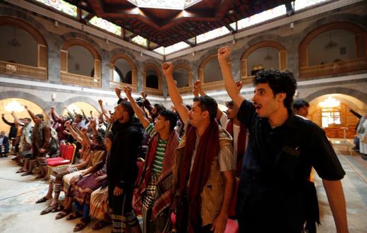 Freed Yemeni prisoners attend a meeting with the leader of the rebels' supreme political council in Sanaa on January 31, 2017, after their release as part of a prisoner exchange