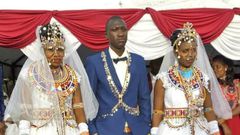 Kajiado's Tom Mako with his two wives Elizabeth and Joyce. They have said they have conditions before they can allow their husband a third wife