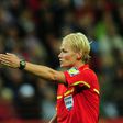 German referee Bibiana Steinhaus gestures during the FIFA Women's Football World Cup final match Japan vs USA on July 17, 2011 in Frankfurt am Main, western Germany
