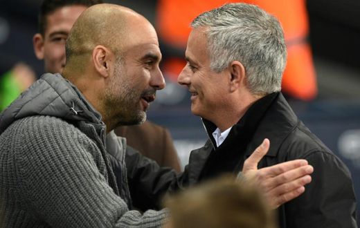Pep Guardiola's Manchester City are outspending Manchester United, managed by Jose Mourinho (right)