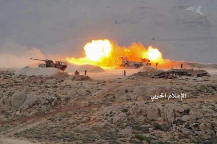 A picture released by Lebanese Shiite militant group Hezbollah on July 21, 2017 shows artillery firing towards a jihadist position in Jurud Arsal, a mountainous region on the border with Syria