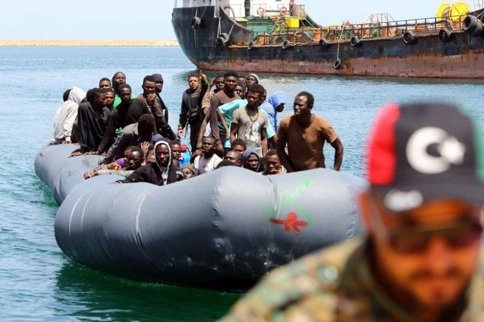 Illegal migrants, who were rescued by the Libyan coastguard in the Mediterranean Sea off the Libyan coast, arrive at a naval base in Tripoli, on May 6, 2017