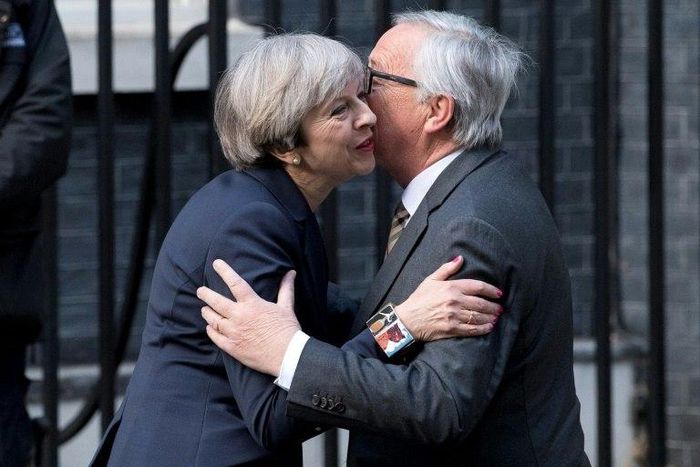 Kiss, off: European Commission President, Jean-Claude Juncker embraces British Prime Minister Theresa May outside 10 Downing Street in April. There are fears that the Brexit negotiations could be much less friendly.