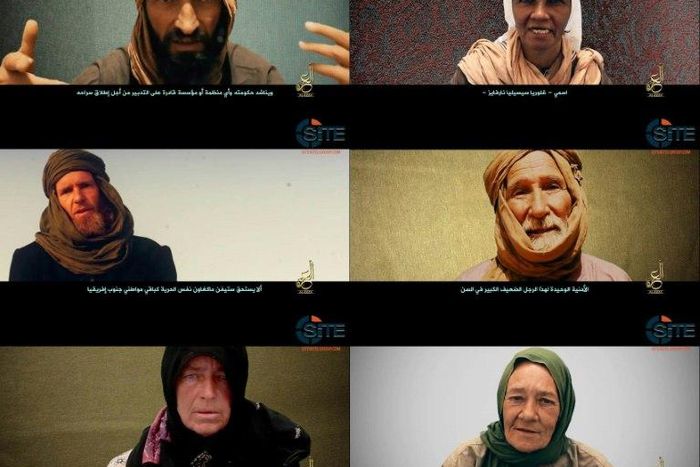 Images from the video showing (from top left) Romanian Iulian Ghergut, Colombian nun Gloria Cecilia Narvaez Argoti, South African Stephen McGown, Australian surgeon Arthur Kenneth Elliott, Swiss missionary Beatrice Stockly and Frenchwoman Sophie Petron...