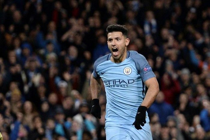 Manchester City's striker Sergio Aguero celebrates scoring their second goal during the Champions League football match against Monaco February 21, 2017