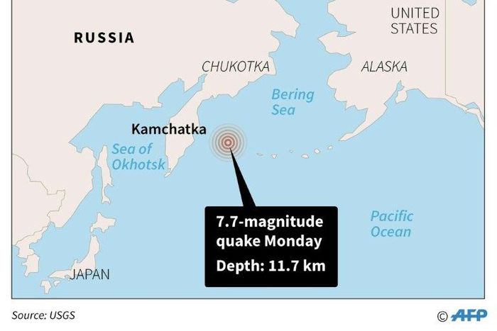 Map of Russia locating a 7.7-magnitude quake off the east coast on Monday