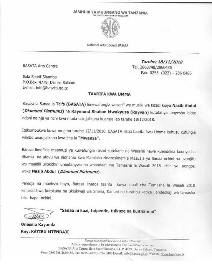 BASATA statement on Diamond and Rayvanny (Instagram)