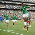 Hedgardo Marin (C) celebrates the opening goal as Mexico beat El Salvador 3-1 in the Group C opener of the CONCACAF Gold Cup