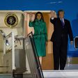 US President Donald Trump (R) and US First Lady Melania Trump (L) step off Air Force One upon their arrival at Chopin Airport in Warsaw, on July 5, 2017