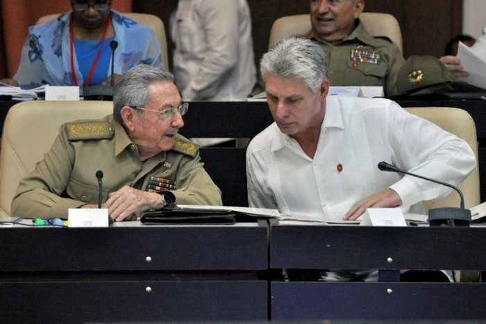 Cuban President Raul Castro (L) and First Vice president Miguel Diaz-Canel speak during the Permanent Working Committees of the National Assembly of the People's Power in Havana, on July 14, 2017