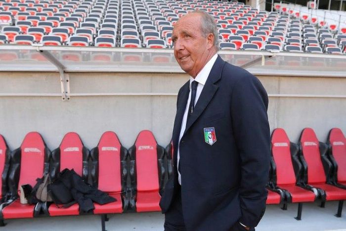 Italy's coach Giampiero Ventura on stand on the edge of the pitch on the eve of the friendly football match Italy vs Uruguay, in Nice, on June 6, 2017