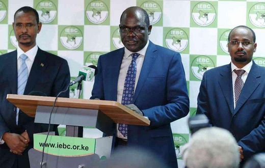IEBC chairman Wafula Chebukati with Commissioners Abdi Guliye and Boya Molu
