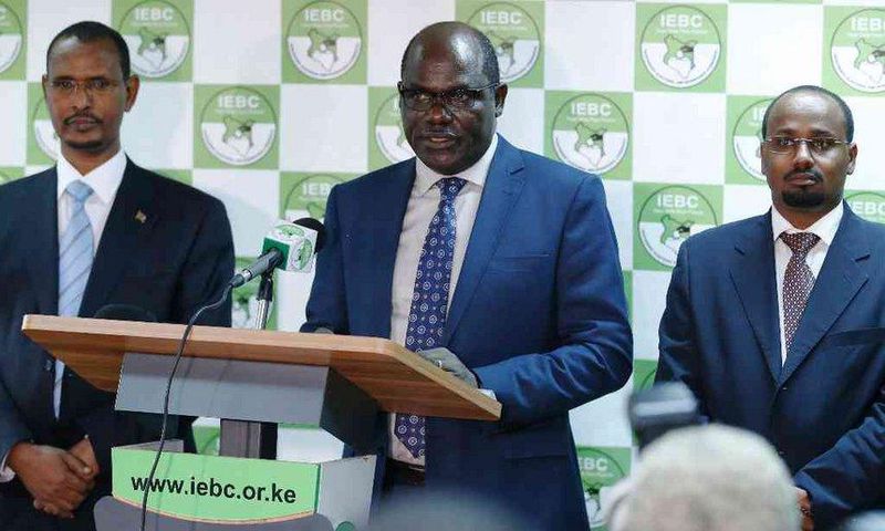 IEBC chairman Wafula Chebukati with Commissioners Abdi Guliye and Boya Molu